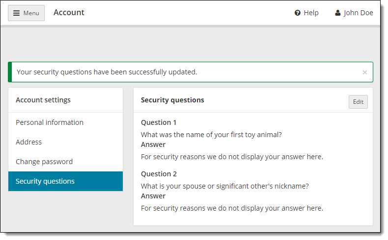 Your security questions have been successfully updated message.